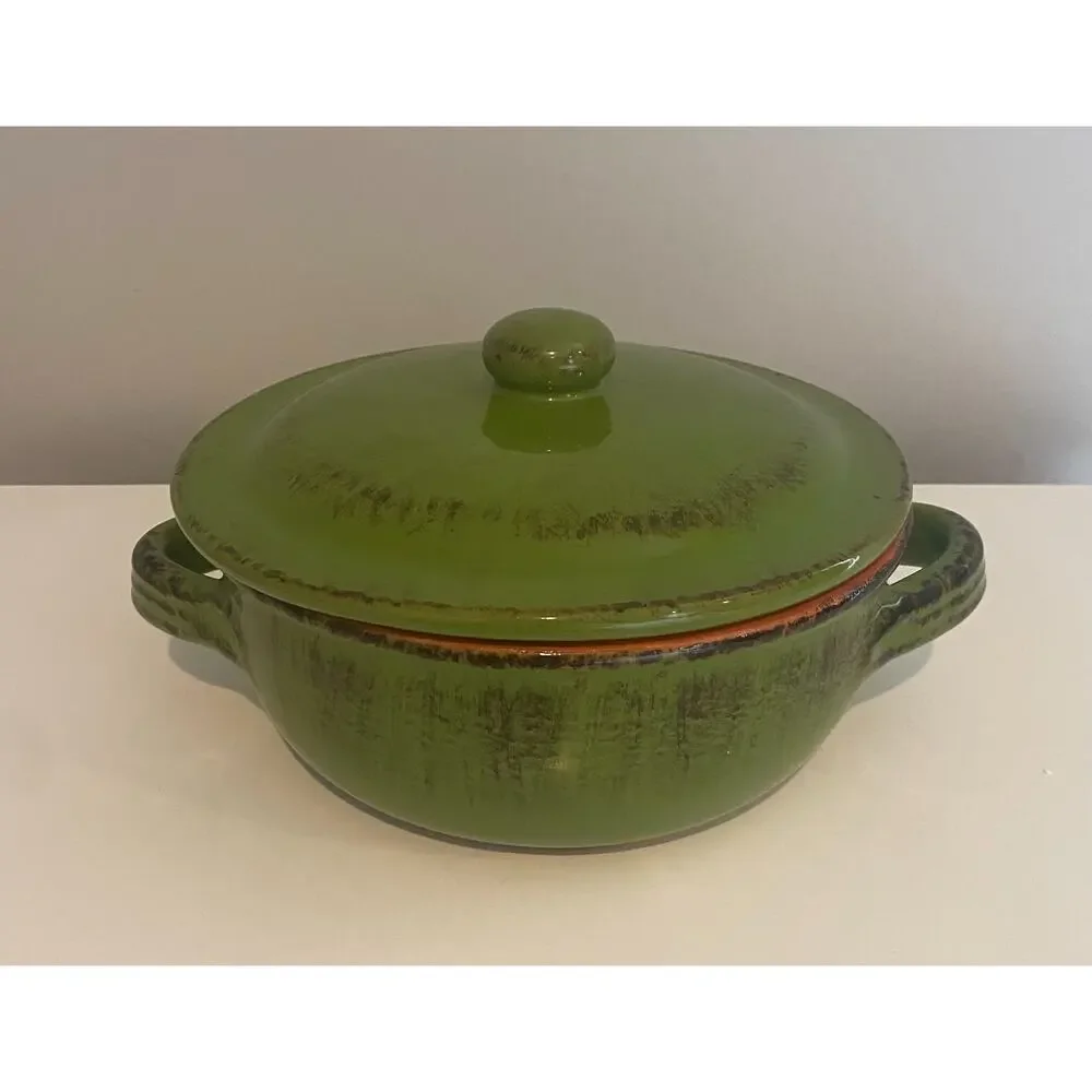 Vtg De Silva Pottery Terracotta Glazed Casserole Soup Bowl W/ Lid, Made in Italy